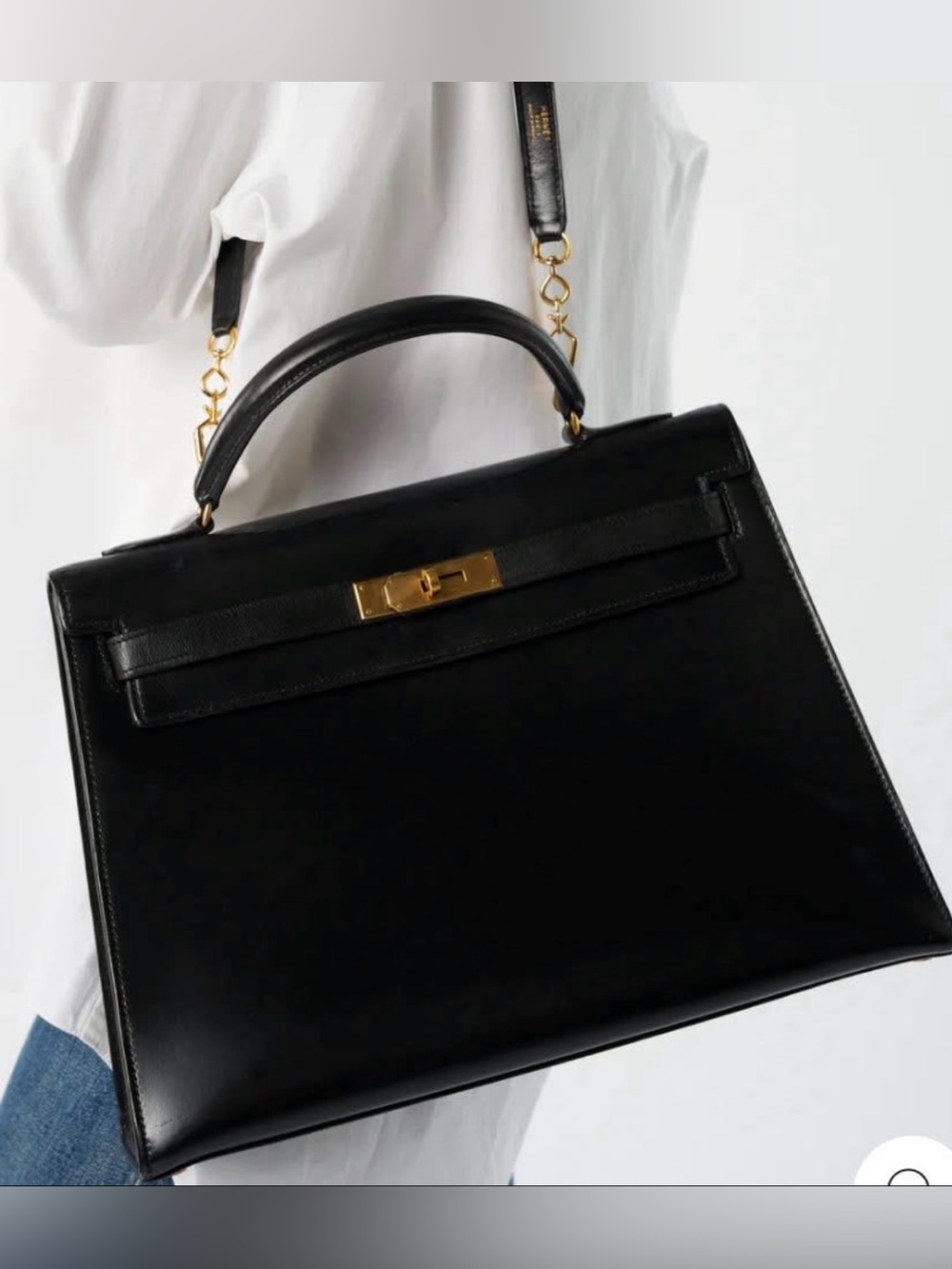 Ultra Vintage 1960 Hermes Kelly 32 Box Calf Dust Bag, Lock/Key/Clochette, Strap - Picture 3 of 17
